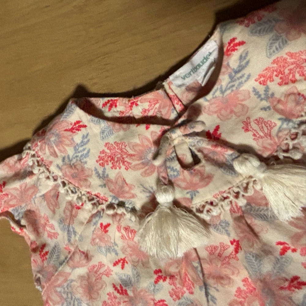 Cotton Floral Tassel Neckline Dress in Pink and Blue
